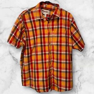 Men’s Wrangler Rugged Wear Button Down Orange‎ Brown Plaid XL Short Sleeve